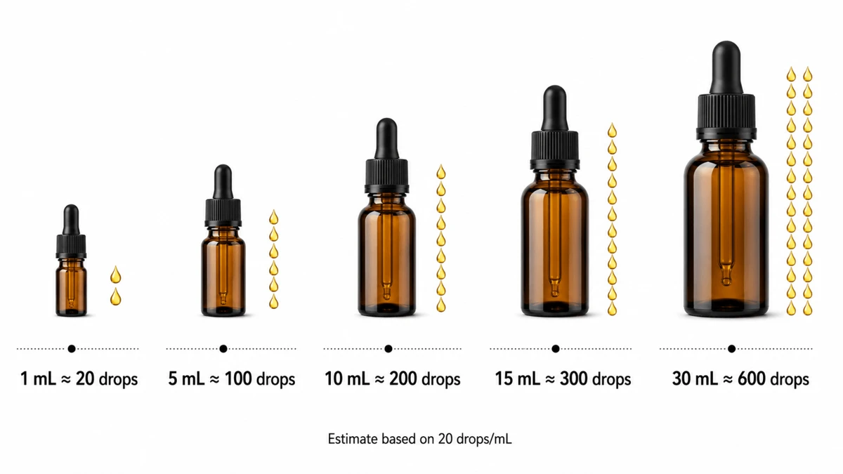Essential oil bottle size chart showing approximate drop counts from 1 mL to 30 mL Essential oil bottle size chart showing approximate drop counts from 1 mL to 30 mL