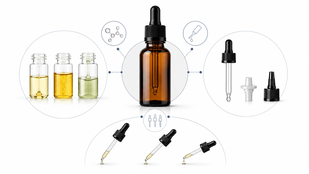 Diagram showing how formula, dropper design and dispensing angle can affect essential oil drop size Diagram showing how formula, dropper design and dispensing angle can affect essential oil drop size